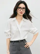 ブラウス レディース Vネック 半袖 パフスリーブ ブルー 通勤 オフィスカジュアル 面接 フォーマル きれいめ 夏