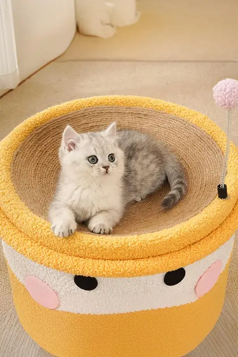 二層構造のキャットタワー【猫用爪とぎ付き・クローズドデザイン・麻素材】（セットアップ対応）