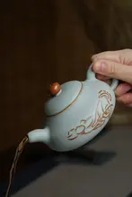 手作り 青澹色の汝窯ティーポット【陶器製・復古デザイン・中国茶具】