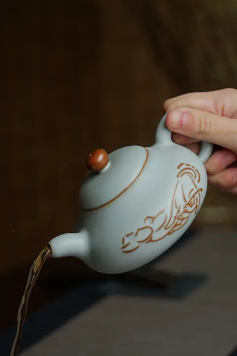 手作り 青澹色の汝窯ティーポット【陶器製・復古デザイン・中国茶具】