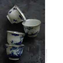 景徳鎮復元の古陶磁器カップ【青花古彩・銀口付き】