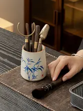 手描き竹製茶道六君子セット【家庭用・黒檀茶さじ・茶クリッパー・茶針付き】