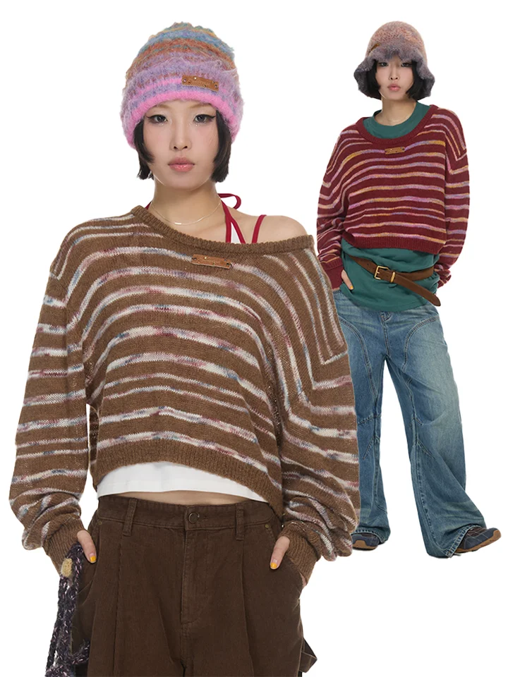 ビビッドカラーのストライプセーター【大きめシルエット・ラウンドネック・秋冬用】