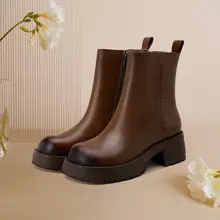 打蜡牛皮製の冬用厚底雪地靴【防水・防滑・加绒・真羊毛使用】