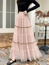 春らしい印象のピンクチュールスカート【ロング丈・Aライン・極上の柔らかさ】（セットアップ対応）