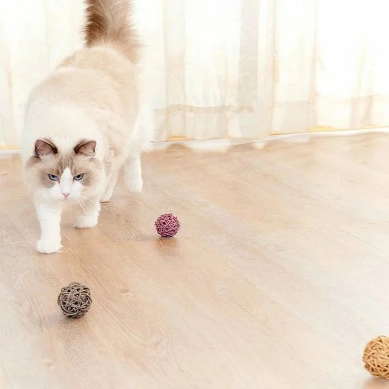 手編みの三色ボール付き猫のおもちゃ：音が出るベル・噛む用の藤木製遊び道具