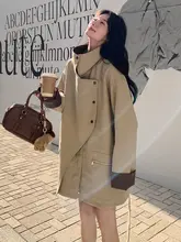 カキ色ハイカラーコート【ユニークデザイン・レディース・トレンチ風】