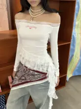 レース切替デザインのオフショルダーロングスリーブTシャツ【アメリカンスタイル】