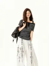ヴィンテージ風ストライプオフショルダー長袖Tシャツ【夏用・フィット感・女性用】