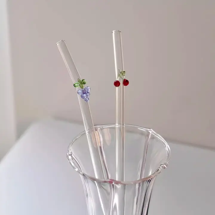 耐熱性透明ガラス製手作りグレープストロー【環境に優しい・水杯用・かき混ぜ棒付き】