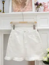 粉色デニムミニスカート【フレンチスタイル・フリルデザイン・ハイウエスト・Aライン】（セットアップ対応）