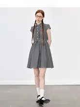 ブルー＆ホワイトチェックのウエスト絞り長袖シャツワンピース【学院風】（セットアップ対応）