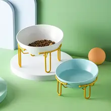 陶器製 猫用二重食器【首元に優しいデザイン・高脚・傾斜口・鉄製スタンド】