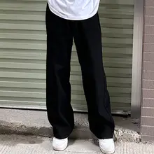 メンズ ヴィンテージ風 ブラックデニムパンツ【ワイドストレート・ウエストゴム・ヒップホップスタイル】