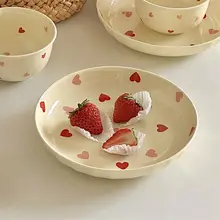 プレート ご飯ボウル 一人用用 陶器 手描き 赤色 小さなハート