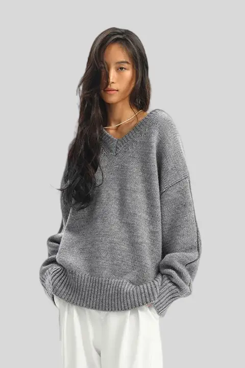 秋冬用 Vネック シルエットニットセーター【ゆったり長袖・レディース】