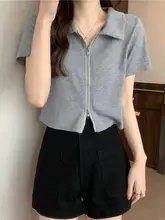 ダブルジップポロ衿ピンク短袖Tシャツ【デザイン性・ cropped・カーディガンスタイル】