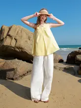ノースリーブトップス レディース Vネック ねじりデザイン ブルー ゆったり 夏