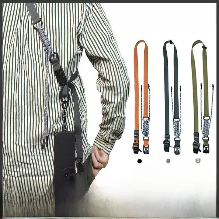 調整可能なマグネットクリップ付きナイロン風スマホ用ショルダーストラップ【アウトドア用・おしゃれデザイン】