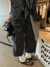 レトロなヴィンテージ風ブラックポケット付きストレートパンツ【九分丈・春夏用・カジュアル】