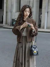 おしゃれなカフェブラウンデニムジャケット【ショート丈・立ち襟・ゆったりシルエット】