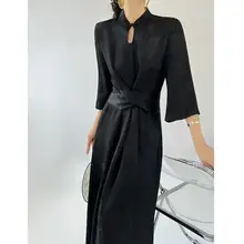 中華風刺繍デザインのロングドレス【収腰・シンプル・高級感】