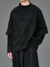 ハーフタートルネック 長袖Tシャツ ユニセックス フェイクレイヤード インナー ダーク系 アーティスティック デザイン性 春 秋