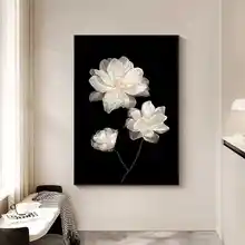 フレンチスタイルの山茶花モチーフ装飾画【白黒・高級感・玄関用】