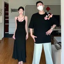 デザイン性の高いカップル用夏用Tシャツとワンピース【短袖・フレンチスタイル】（セットアップ対応）