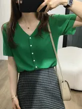 ショートスリーブカーディガン Tシャツ 女性 夏 ウール 細いテクスチャー Vネック 薄型