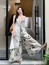 夏にぴったり！感漂う国風デザイントップスと花柄ワイドパンツ（セットアップ対応）