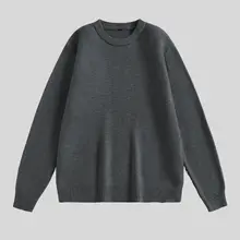グレーのメンズクルーネックウールニットセーター【秋冬用・日常通勤向け】