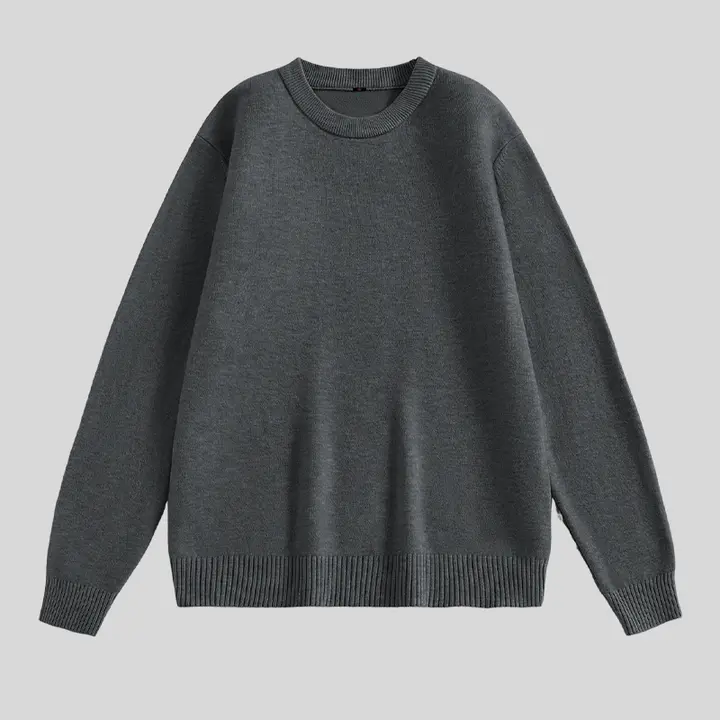 グレーのメンズクルーネックウールニットセーター【秋冬用・日常通勤向け】