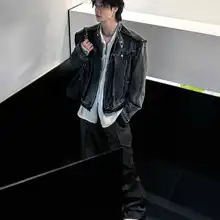 ビンテージ風 デザインデニムジャケット【肩パッド付き・フリンジ仕上げ・メンズ】