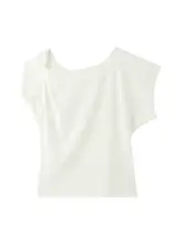 白色の斜め肩タ knotデザイン半袖Tシャツ【夏用・ルーズフィット・オフショルダー】