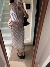 レトロデザインのストレートチェック柄スカートと抽绳付きビスチェ【多様な着こなし対応】（セットアップ対応）