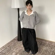 カラーコンビネーションのフェイク二重編みカーディガン【レトロデザイン・秋春用・女性用・スリムフィット】（セットアップ対応）