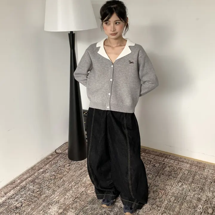 カラーコンビネーションのフェイク二重編みカーディガン【レトロデザイン・秋春用・女性用・スリムフィット】（セットアップ対応）