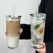 大容量 蓋付きストローグラスカップ【おしゃれな家庭用・オフィス用・コーヒー・アイスラテにも最適】