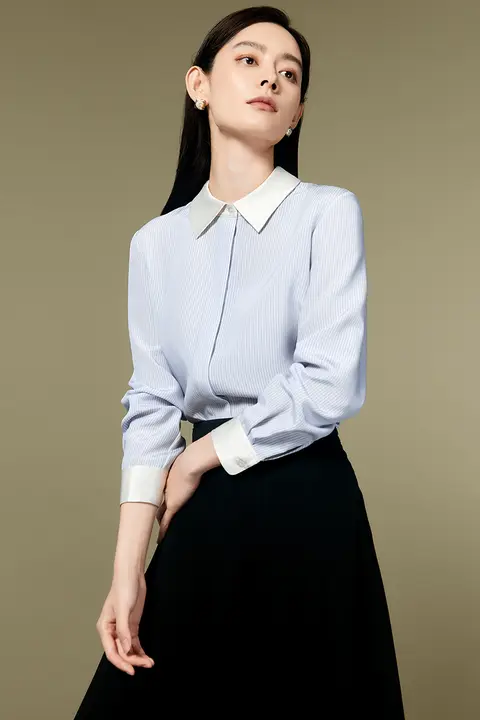カラーストライプ長袖シャツ【シルク風・女性用・極上の柔らかさ】