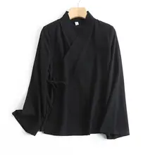 オリジナルデザインのコットン製ロングスリーブ着物風ブラウス【春夏用・交差デザイン・日常着】