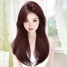 女性用ロングウィッグ 夏用ナチュラルな真似毛 栗色ラズベリーの中分けストレートウィッグ【フルヘッドタイプ】