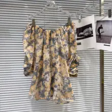 フランススタイルのオフショルダー 花柄パフスリーブシフォンブラウス【女性用・カラフルデザイン】