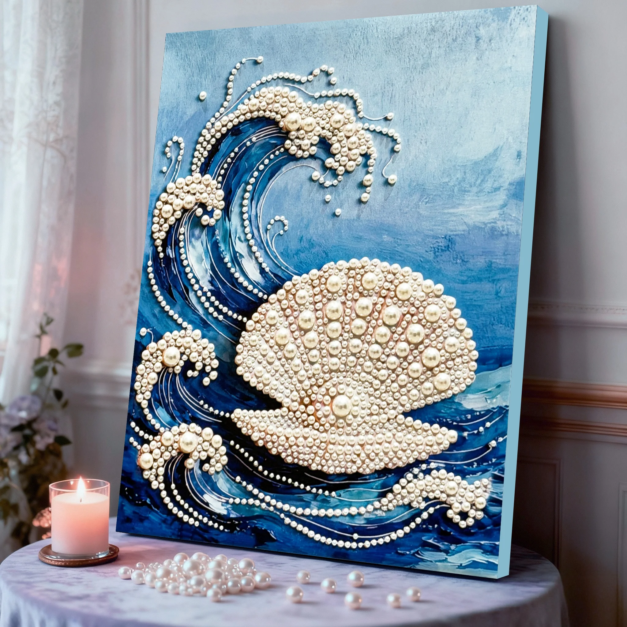 海辺の貝殻と真珠のダイヤモンド画DIY材料キット：壁掛け用のアートクラフトプロジェクトガイド