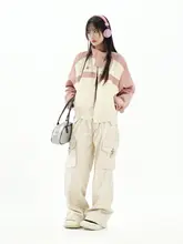 Amoeba アメリカンレトロ カラーブロック ショートレザーコート【秋用・ルーズフィット】