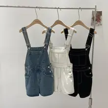 リボン付きポケットデザインのデニムオーバーオールショートパンツ【女性用・ワイドレッグ・カジュアル】（セットアップ対応）