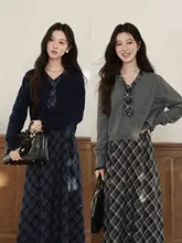 セットアップ レディース ワンピース セーター ブルーチェック柄 ネイビー 大人可愛い きれいめ