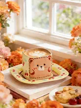 手作りアニマルデザインの陶器コーヒーカップ＆ソーサー【可愛いキャラクター・釉下彩】（セットアップ対応）