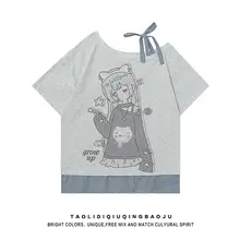 二次元キャラクター柄の短袖Tシャツ【ゆったりフィット・肩出し・チェック柄】（セットアップ対応）