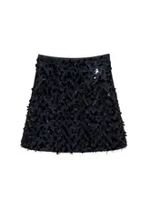 高級感あふれるハイウエストAラインスカート【キラキラのスパンコール・フリンジデザイン・秋用】